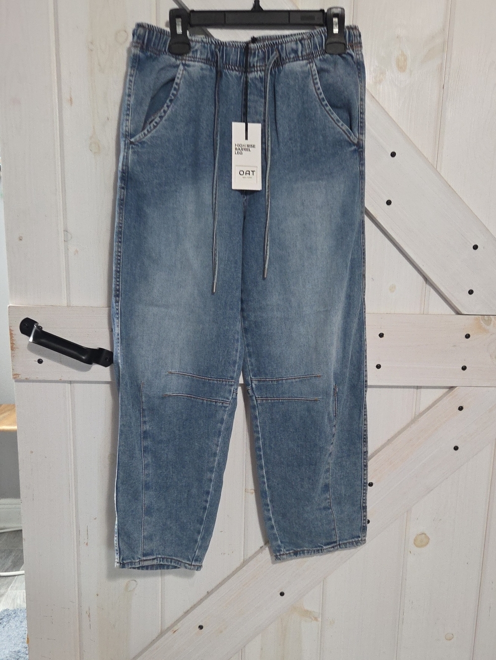 Oat New York Relaxed Drawstring High Rusr Batrel Leg Jeans - Light Blue Denim